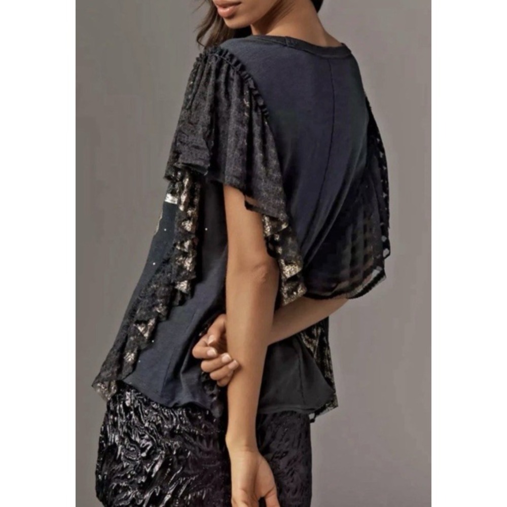 Anthropologie Pilcro Womens L Butterfly Tee Black Gold Lace Ruffle Boho Fairy - Picture 3 of 11